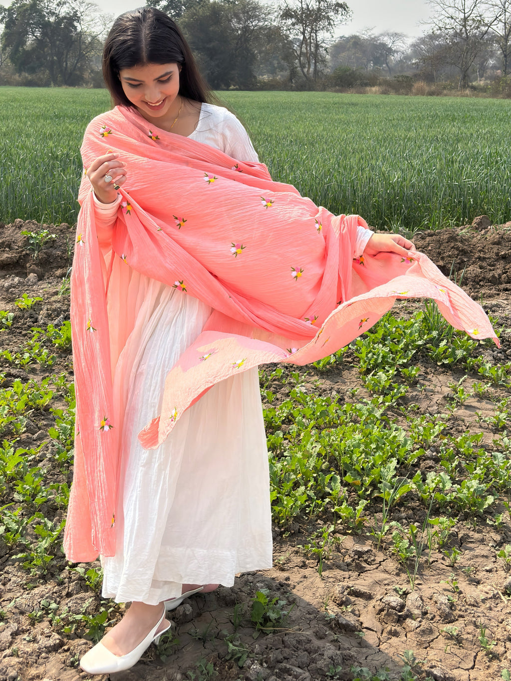 Pure White Anarkali Suit With Peach Pink Dupatta