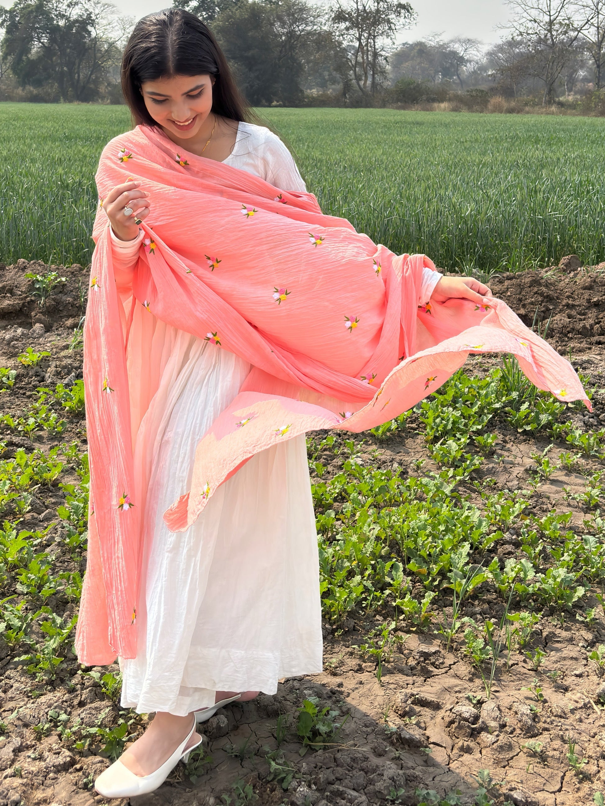 Pure White Anarkali Suit With Peach Pink Dupatta