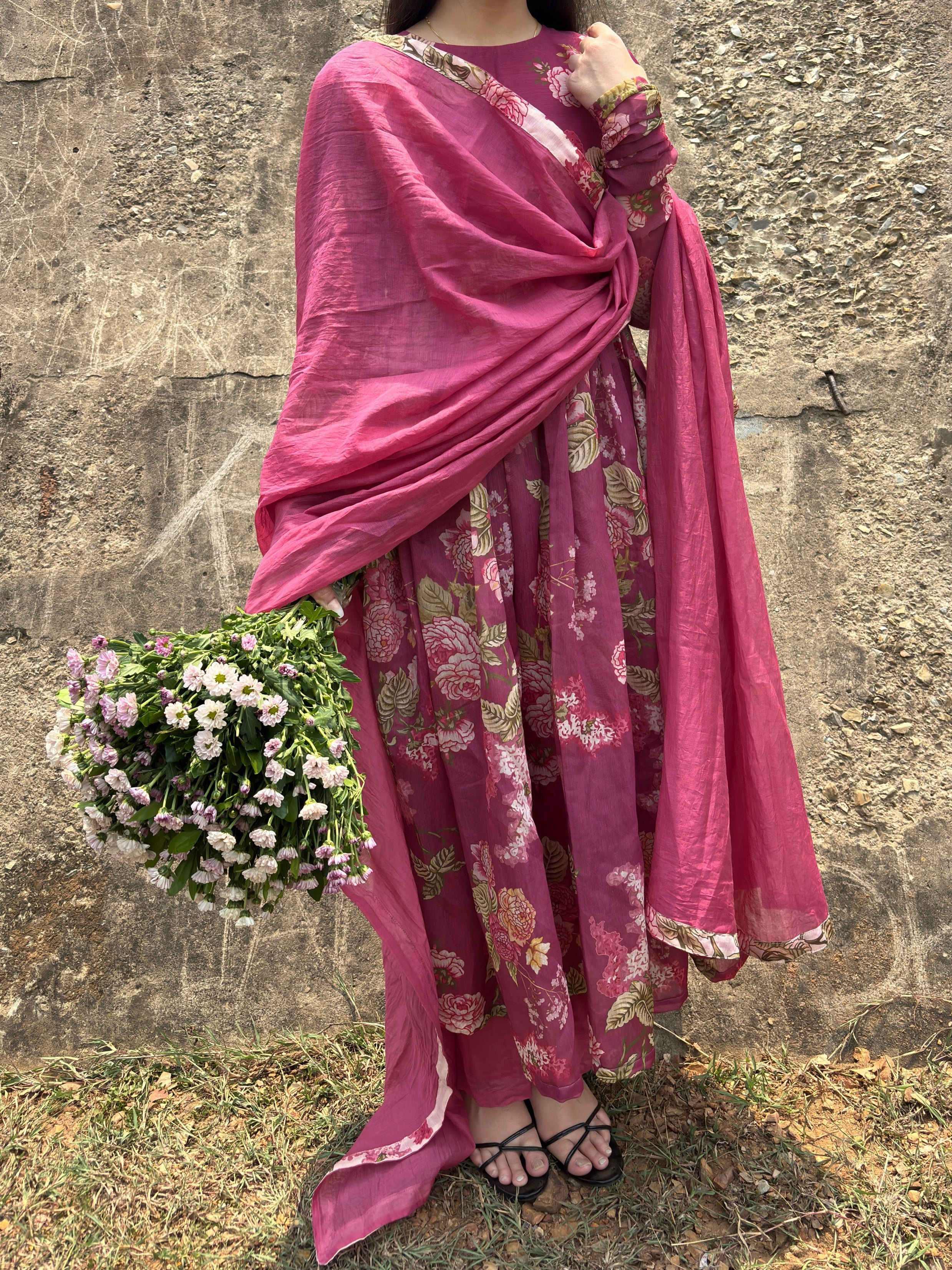 Rose Berry Pink Floral Anarkali Suit Set