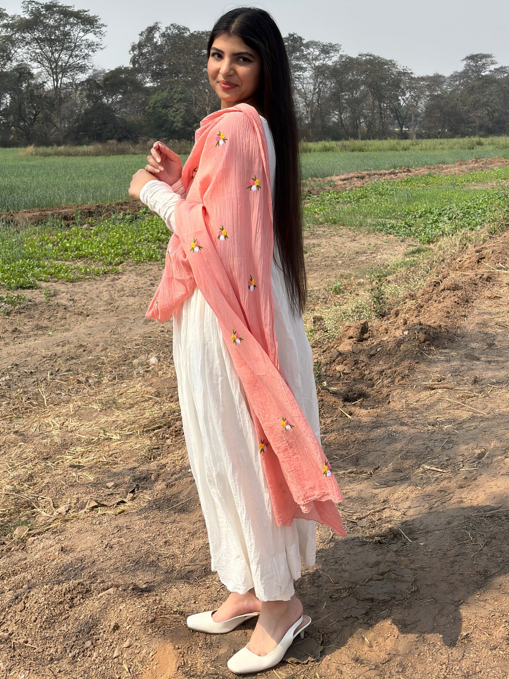 Pure White Anarkali Suit With Peach Pink Dupatta