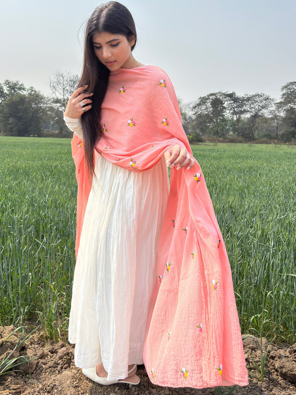 Pure White Anarkali Suit With Peach Pink Dupatta
