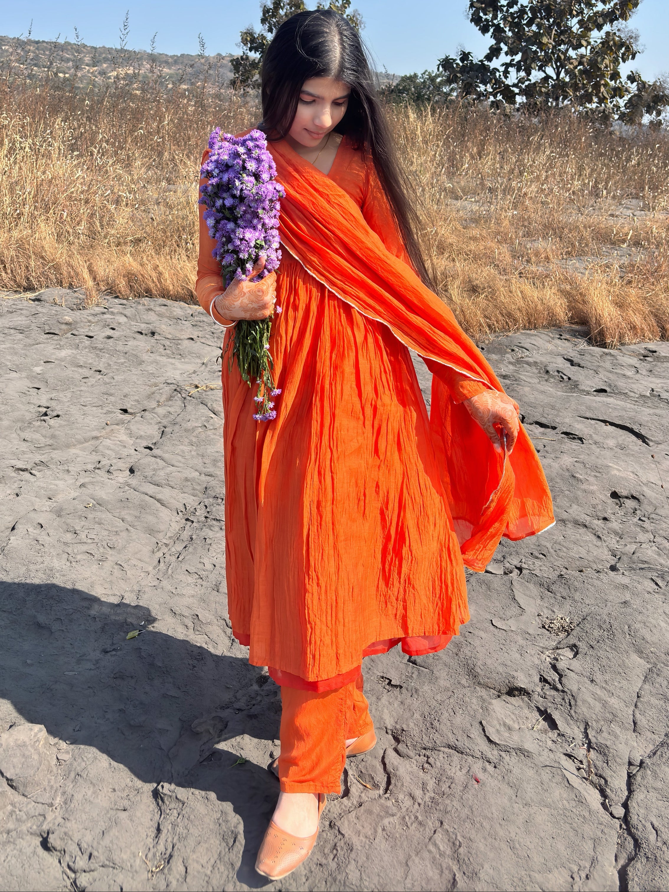 Sunset Orange Anarkali Suit Set