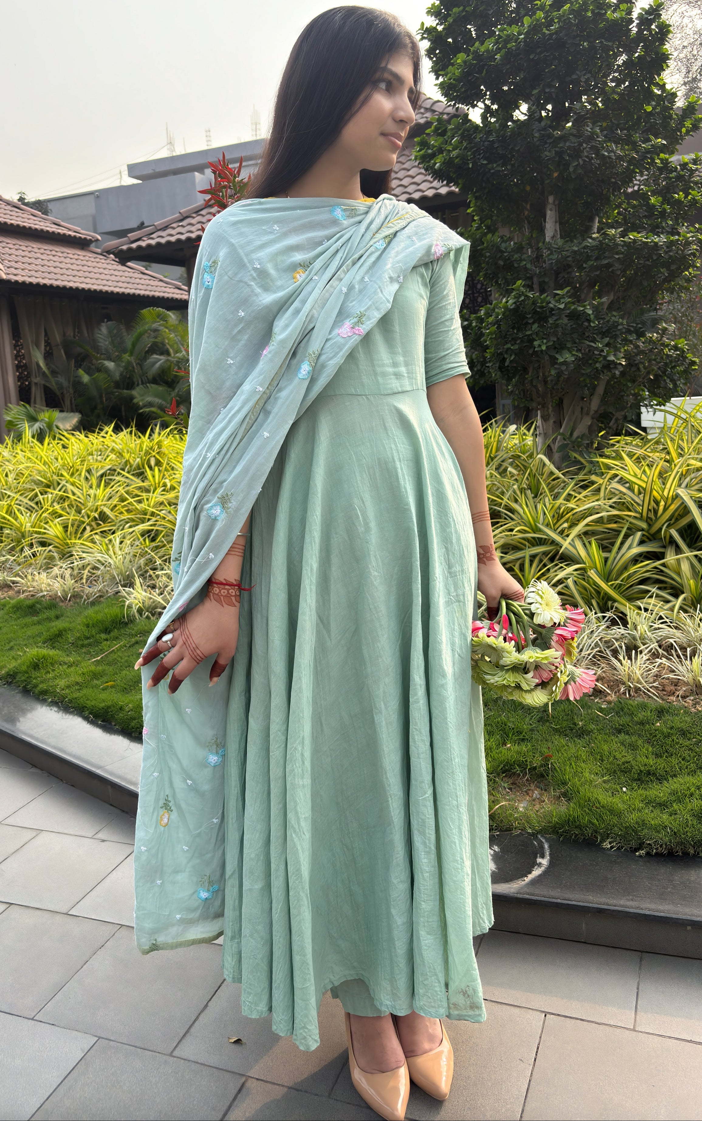 Mint Green Flared Anarkali Suit Set