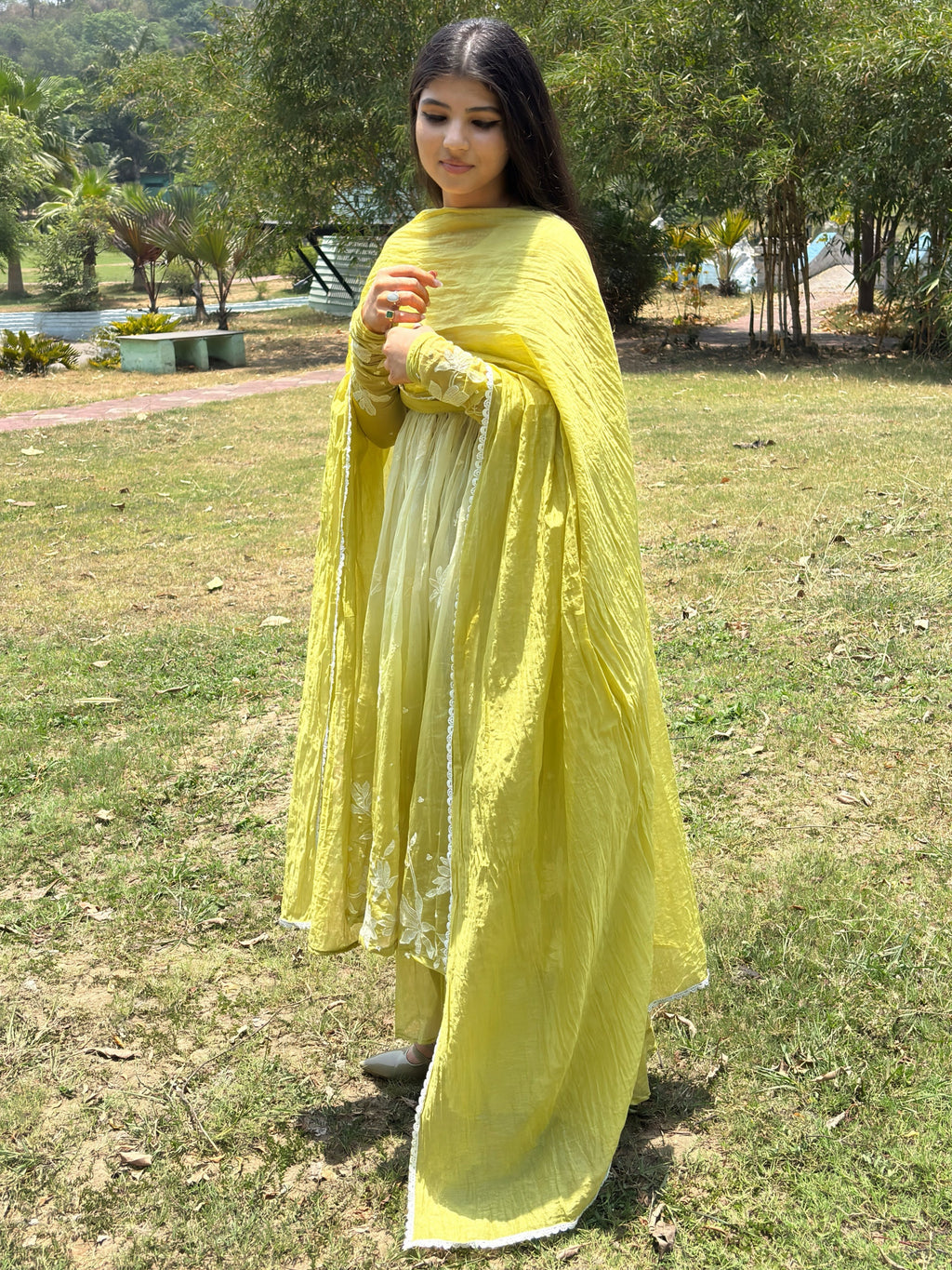 Pastel Lime Green Embroidery Anarkali Suit Set