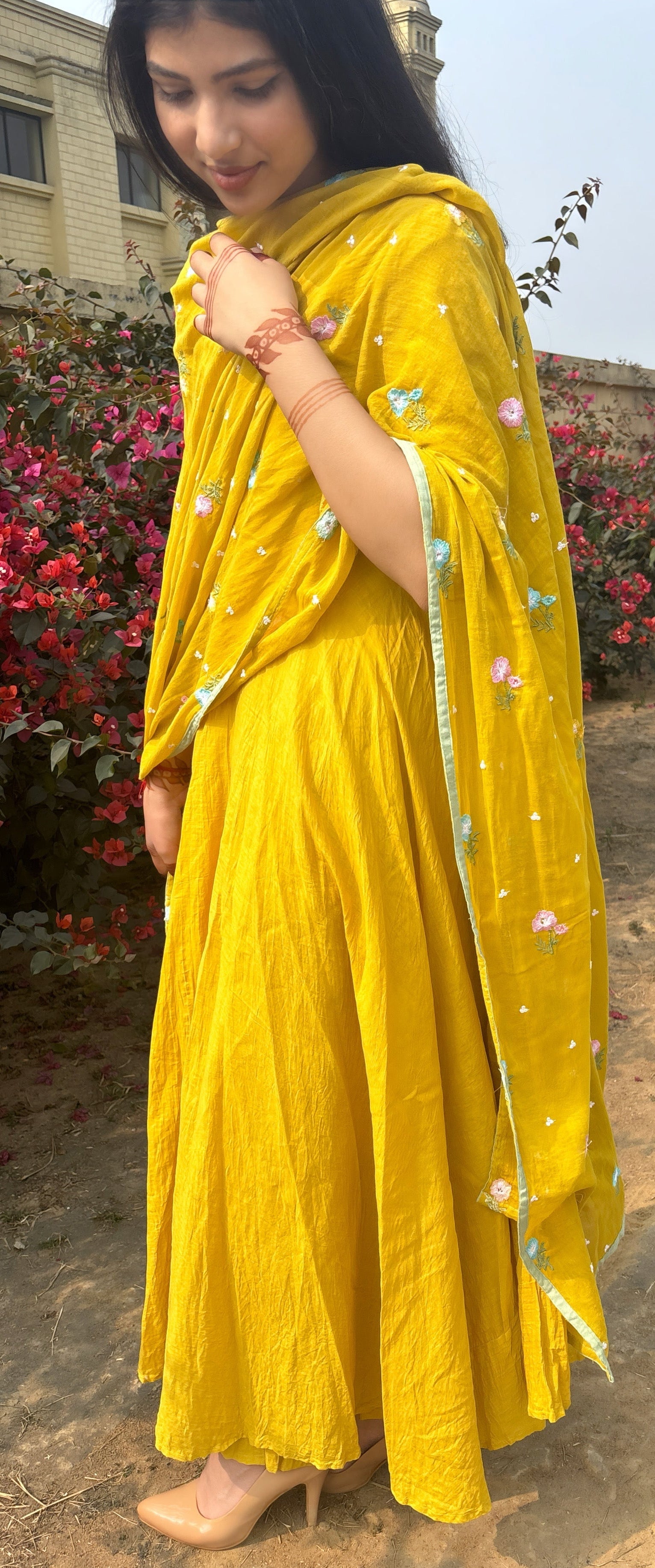 Bright Yellow Flared Anarkali Suit Set