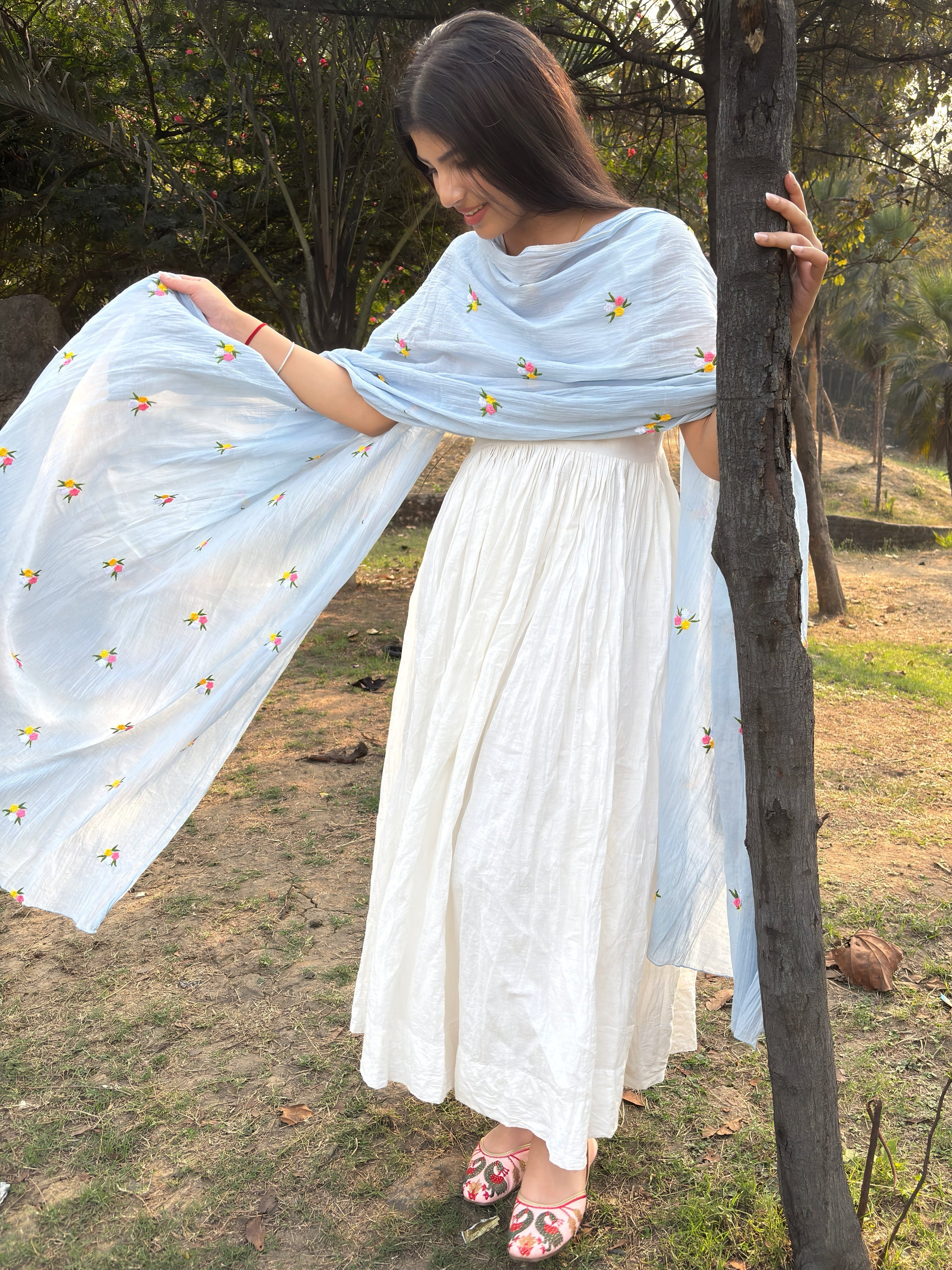 Pure White Anarkali Suit Set With Baby Blue Dupatta