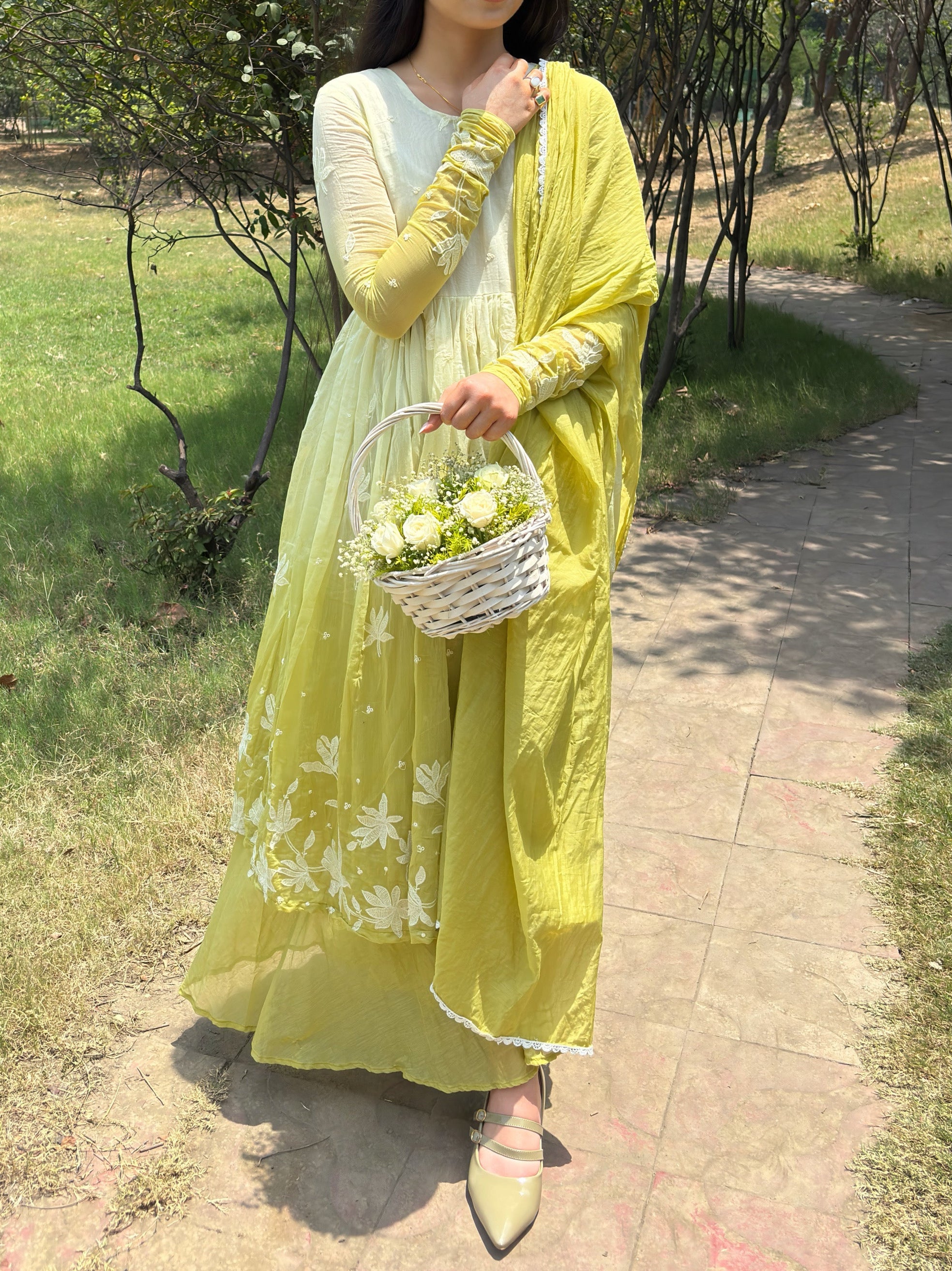 Pastel Lime Green Embroidery Anarkali Suit Set