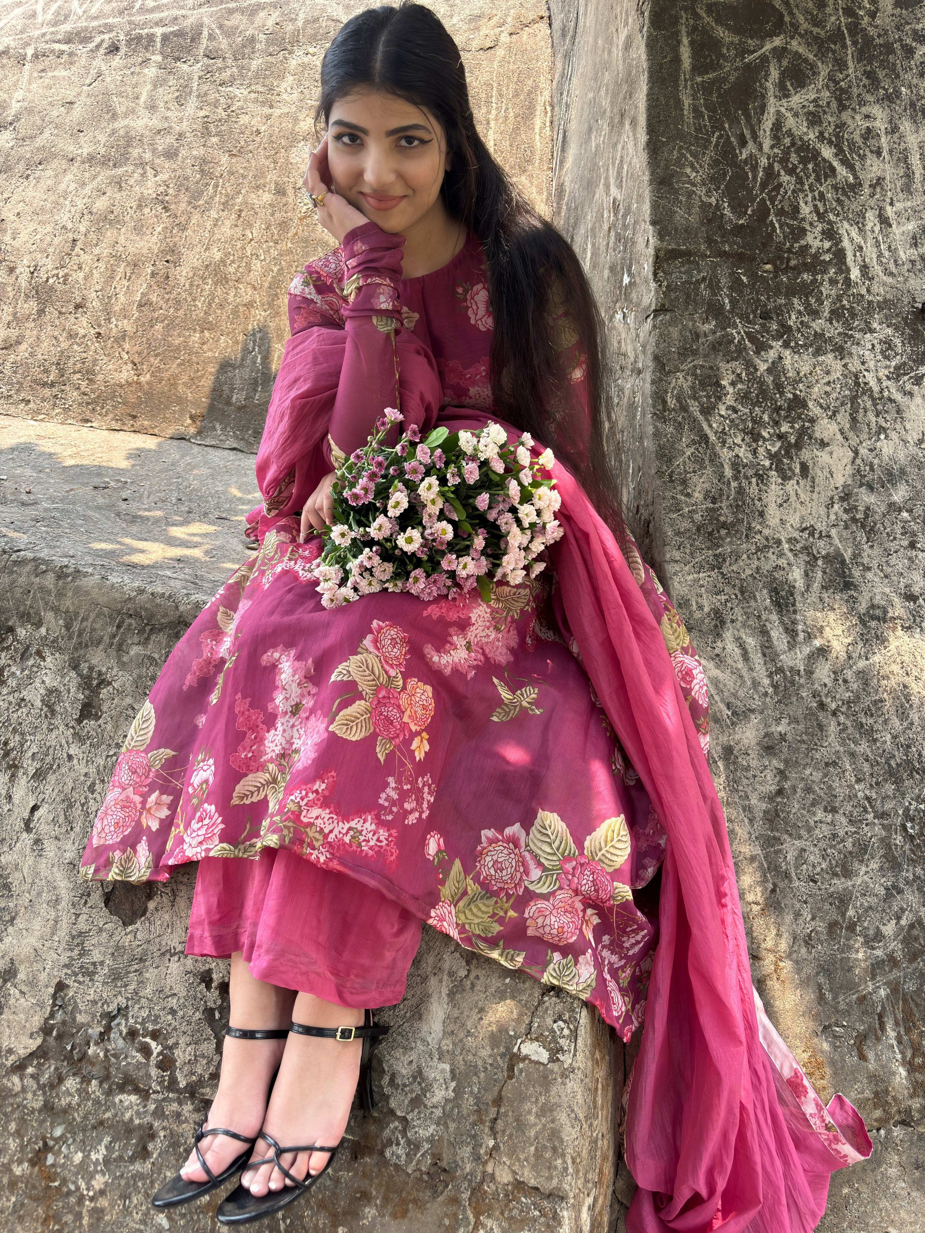 Rose Berry Pink Floral Anarkali Suit Set