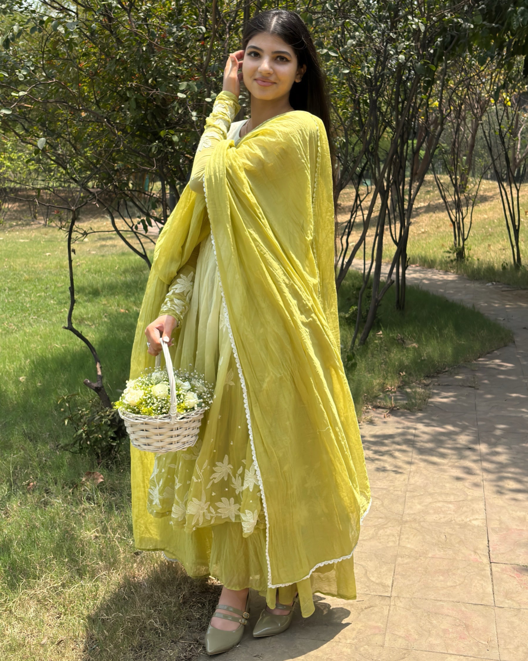 Pastel Lime Green Embroidery Anarkali Suit Set