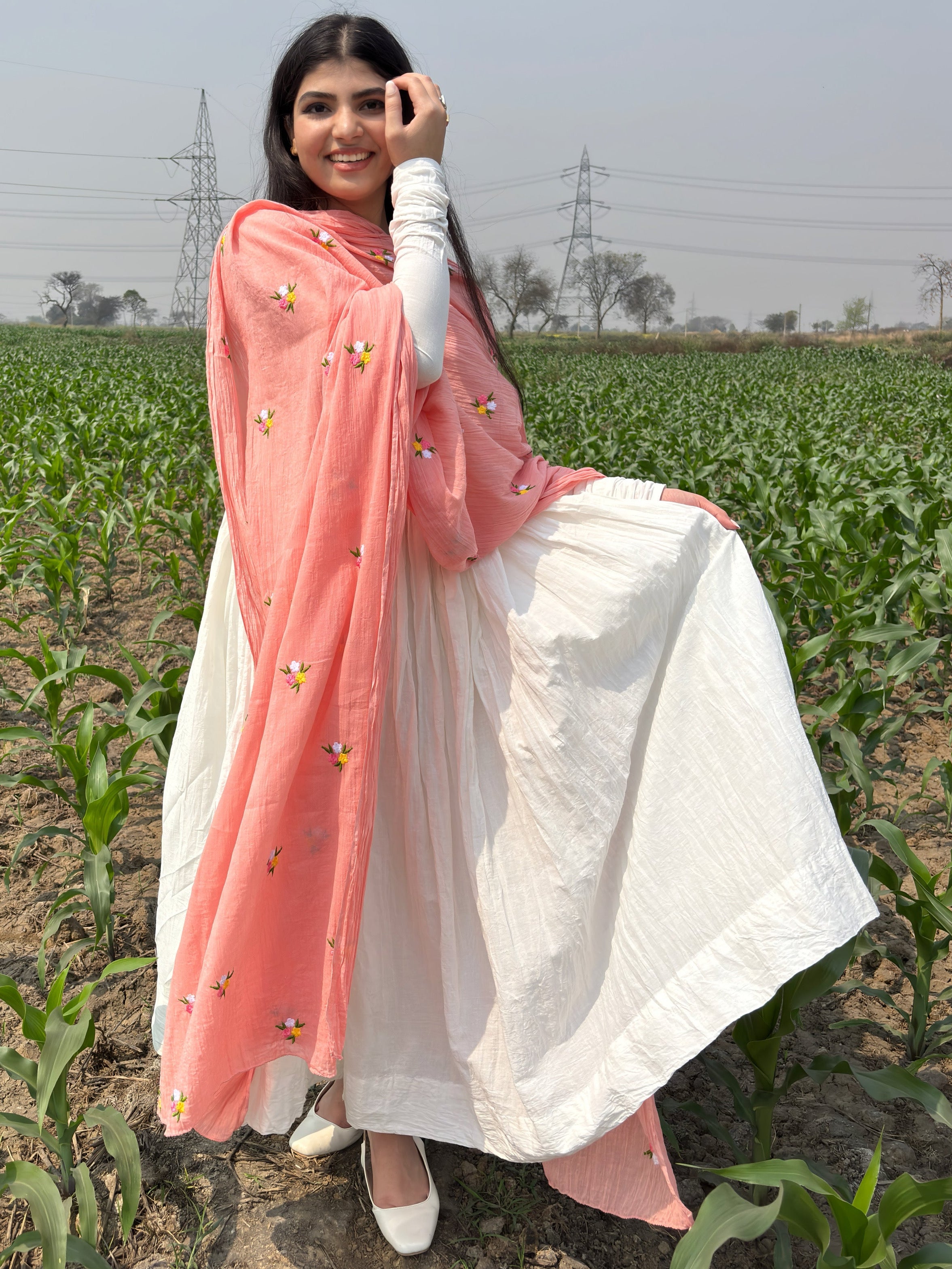 Pure White Anarkali Suit With Peach Pink Dupatta