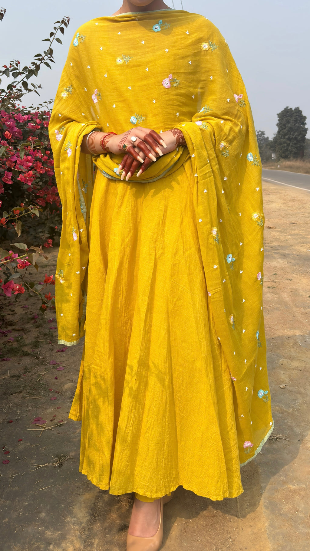 Bright Yellow Flared Anarkali Suit Set