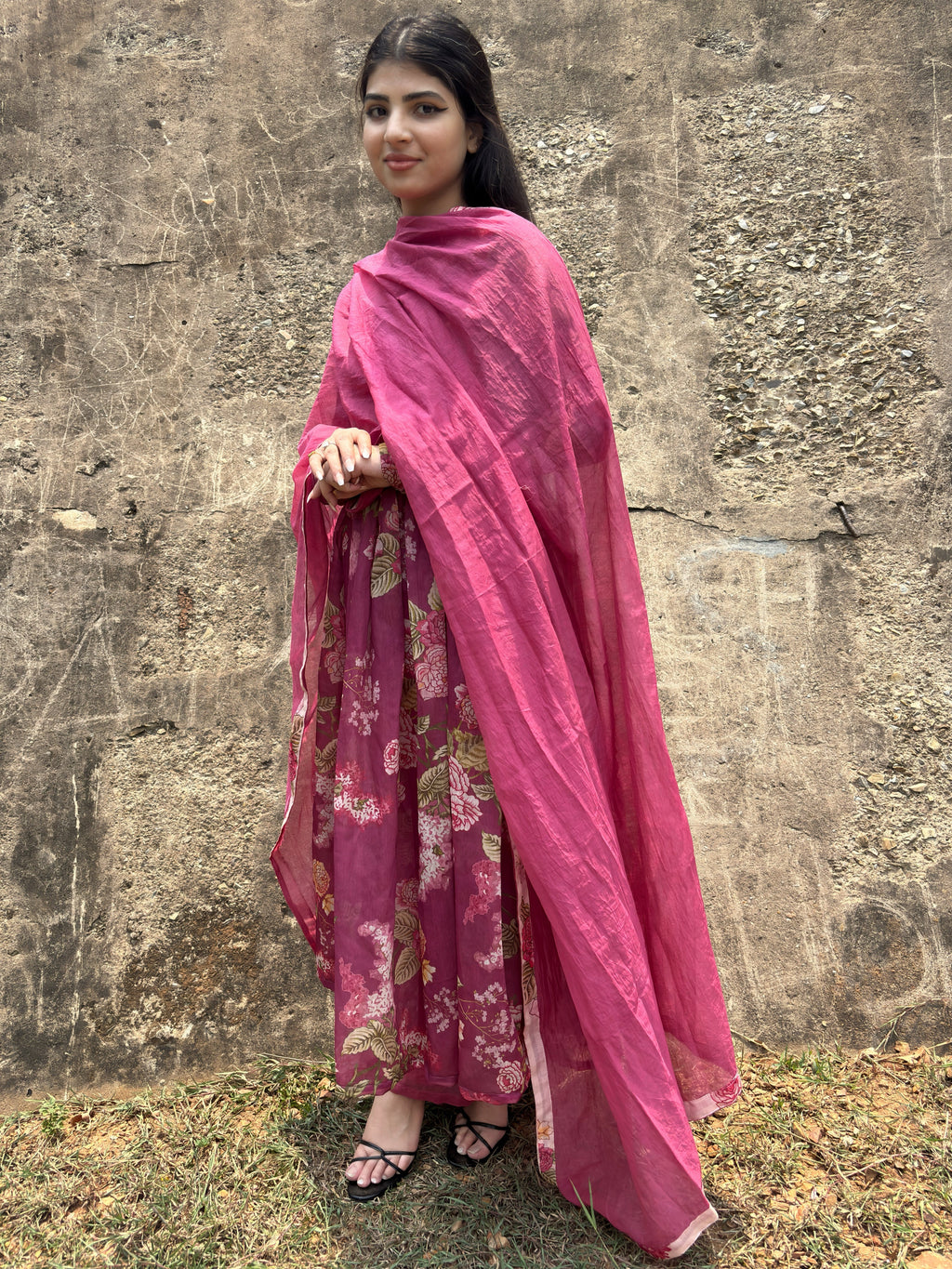 Rose Berry Pink Floral Anarkali Suit Set