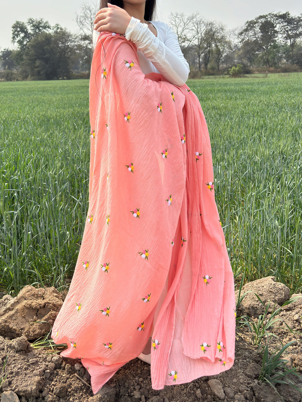 Pure White Anarkali Suit With Peach Pink Dupatta