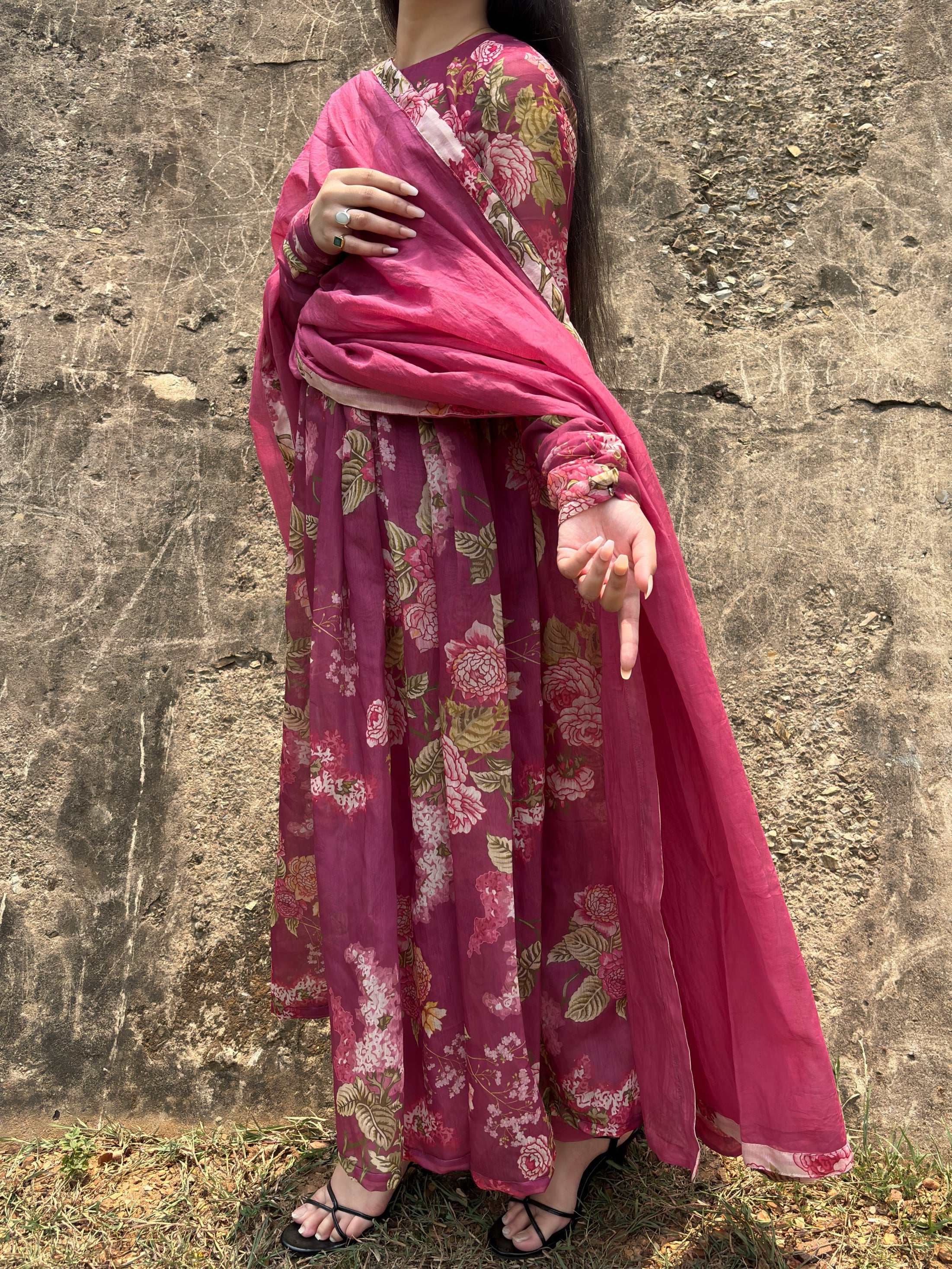 Rose Berry Pink Floral Anarkali Suit Set