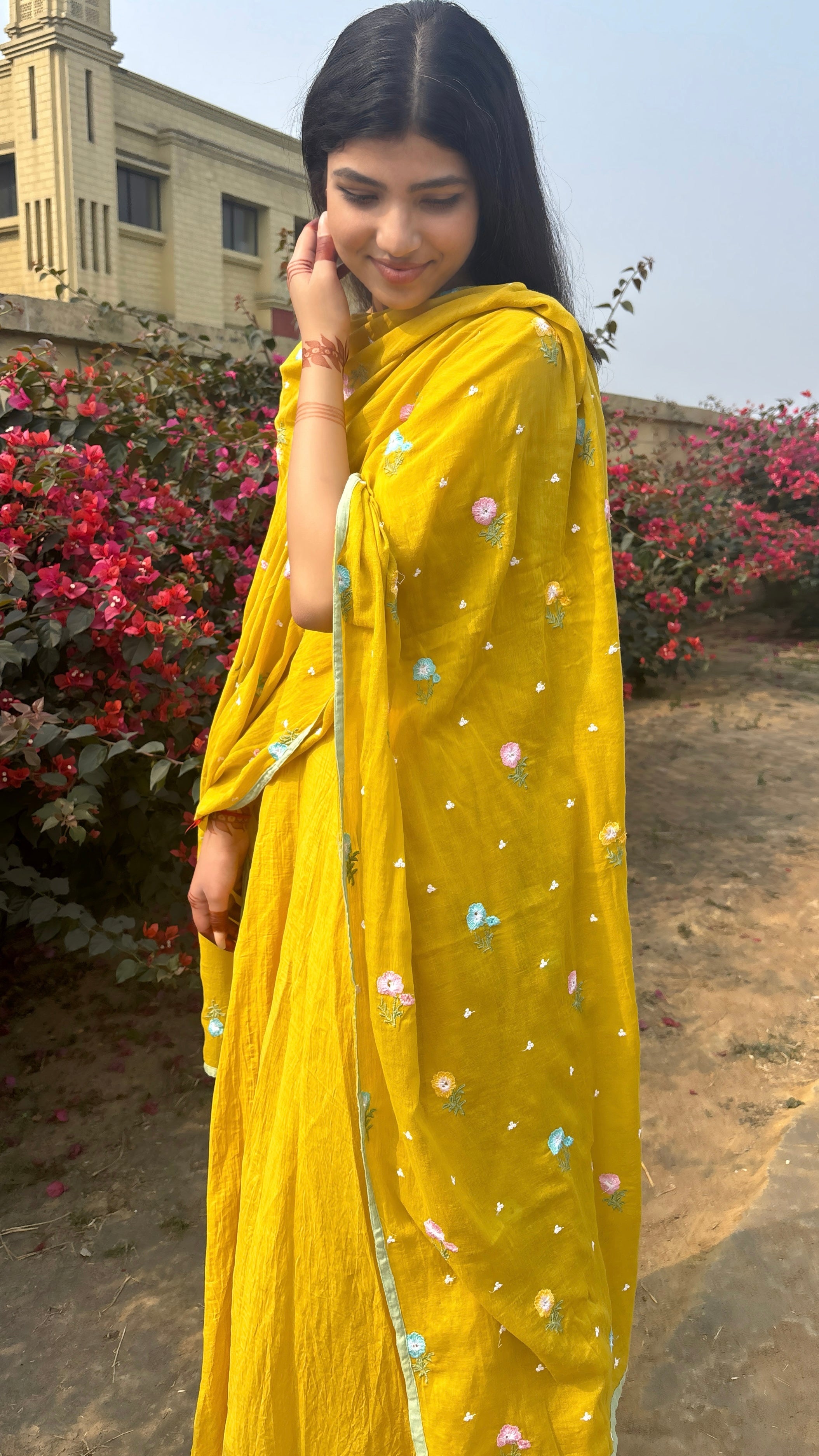 Bright Yellow Flared Anarkali Suit Set