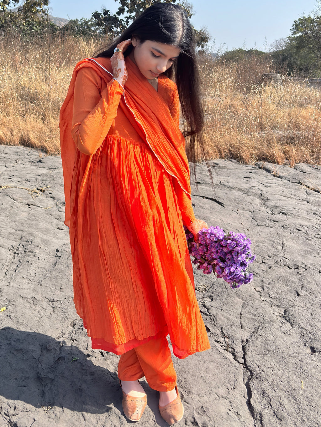 Sunset Orange Anarkali Suit Set