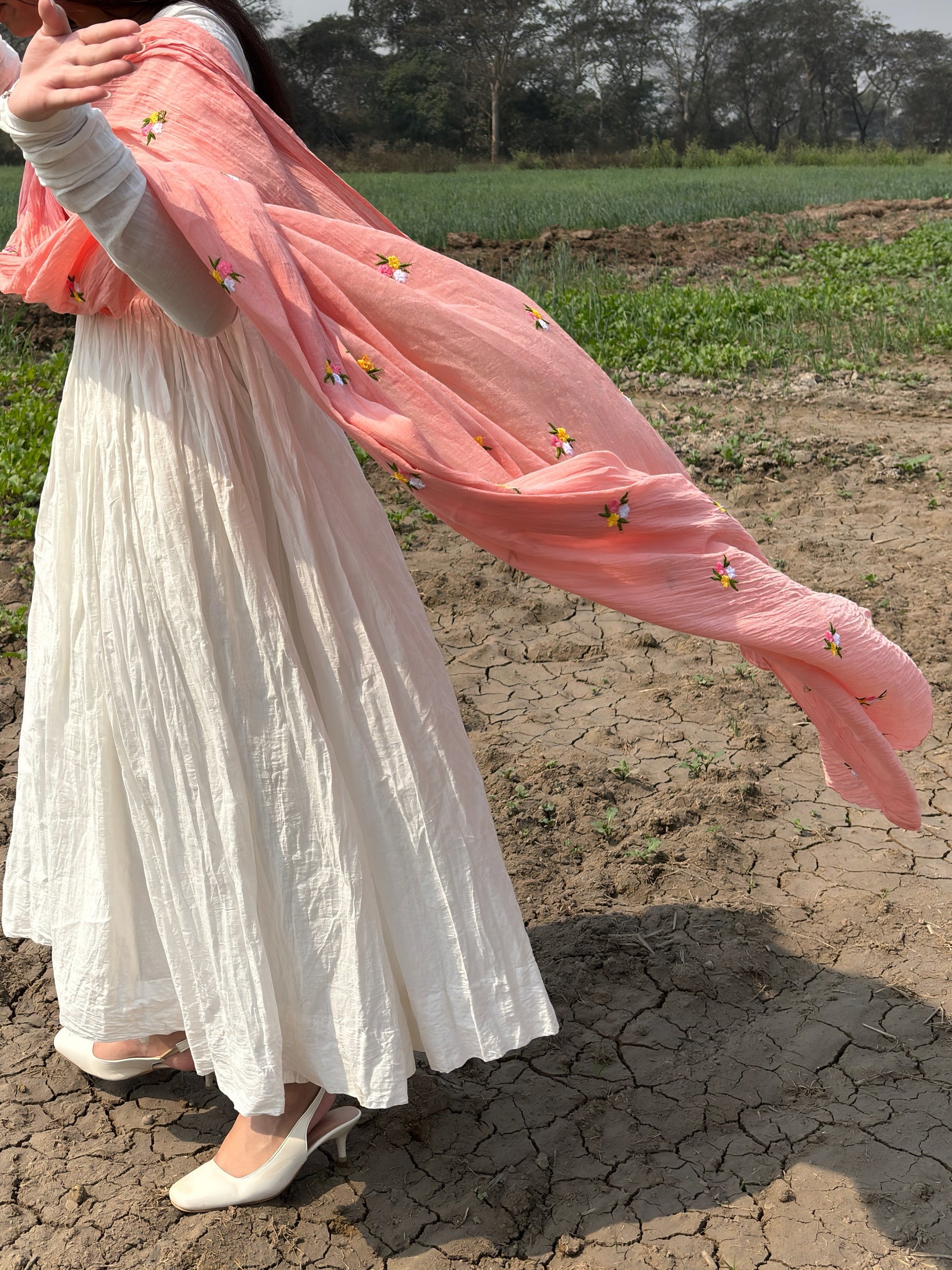 Pure White Anarkali Suit With Peach Pink Dupatta