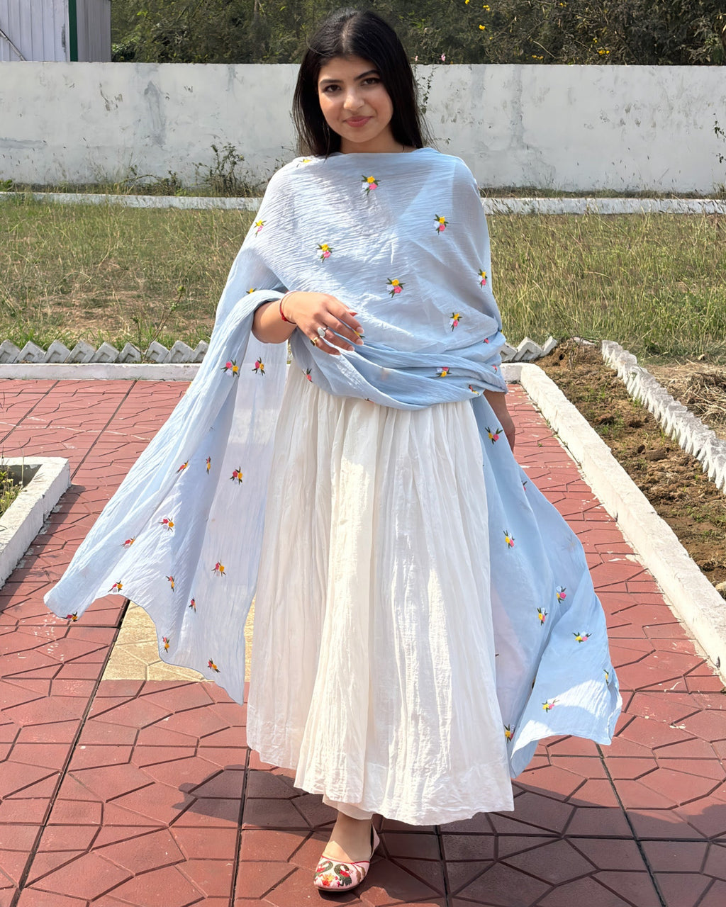 Pure White Anarkali Suit Set With Baby Blue Dupatta