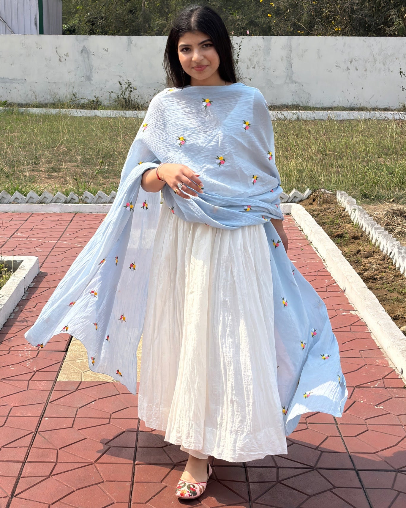 Pure White Anarkali Suit Set With Baby Blue Dupatta