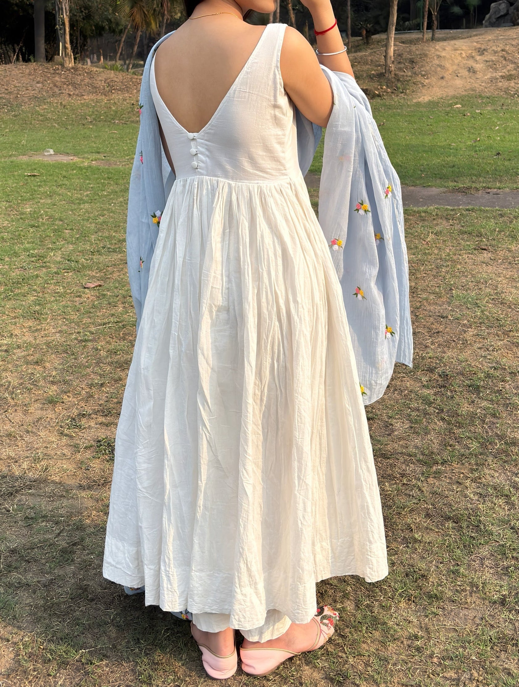 Pure White Anarkali Suit Set With Baby Blue Dupatta