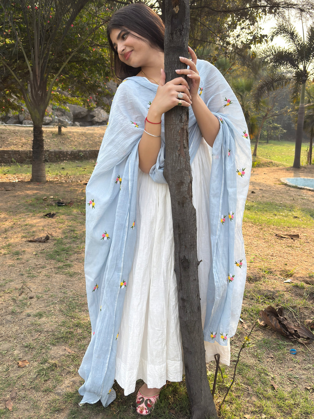 Pure White Anarkali Suit Set With Baby Blue Dupatta