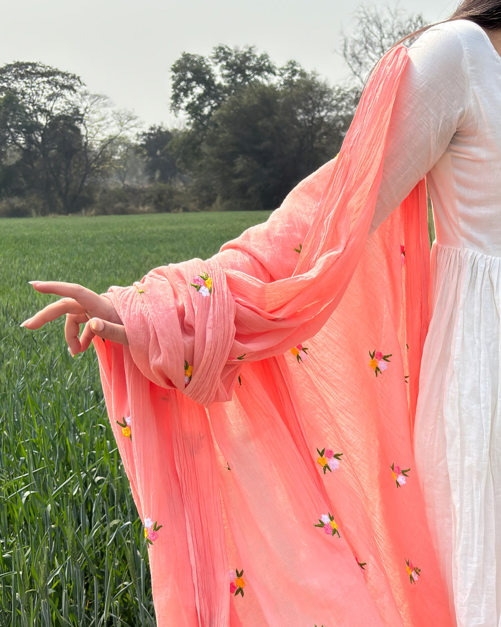 Pure White Anarkali Suit With Peach Pink Dupatta