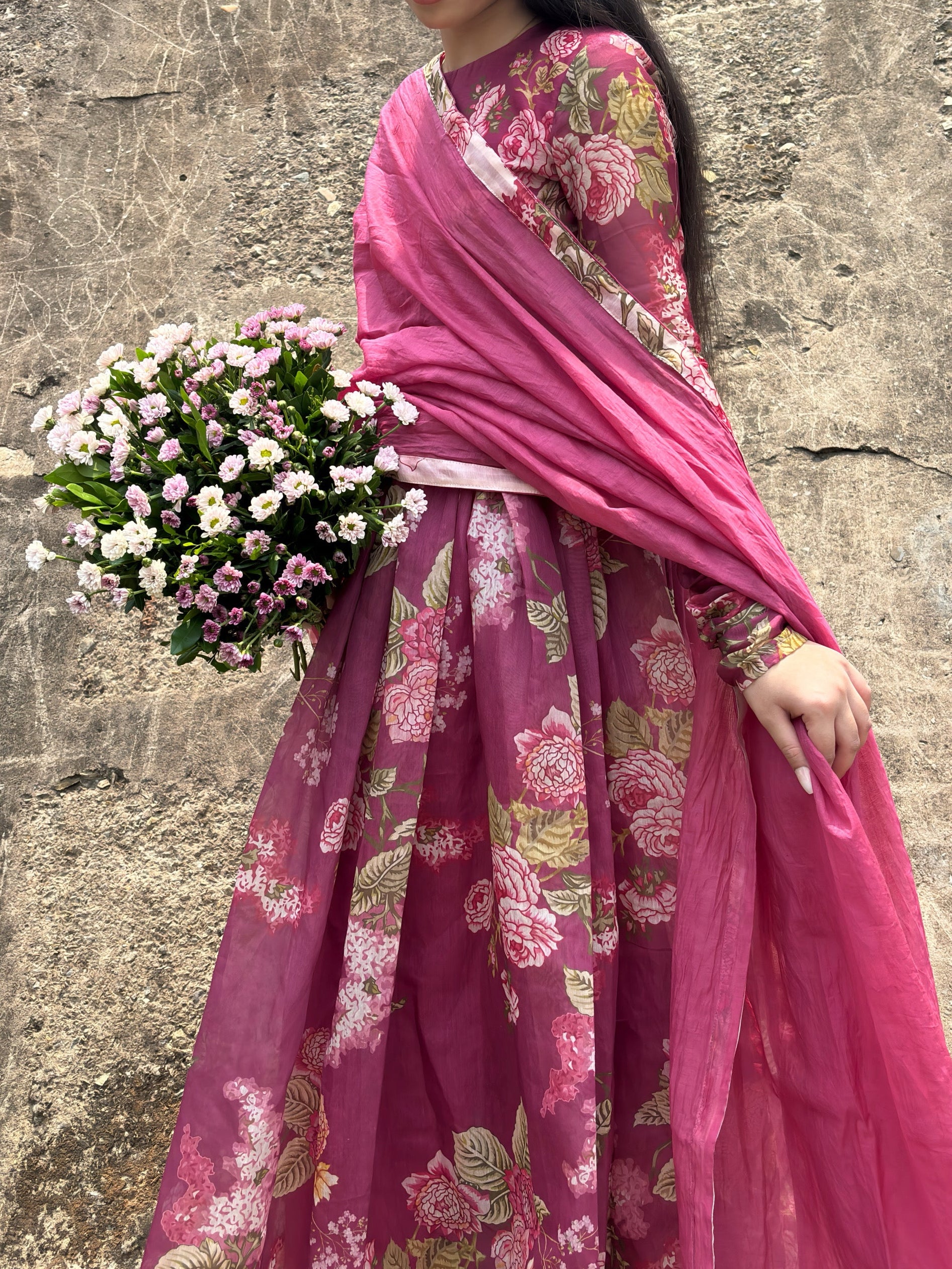 Rose Berry Pink Floral Anarkali Suit Set