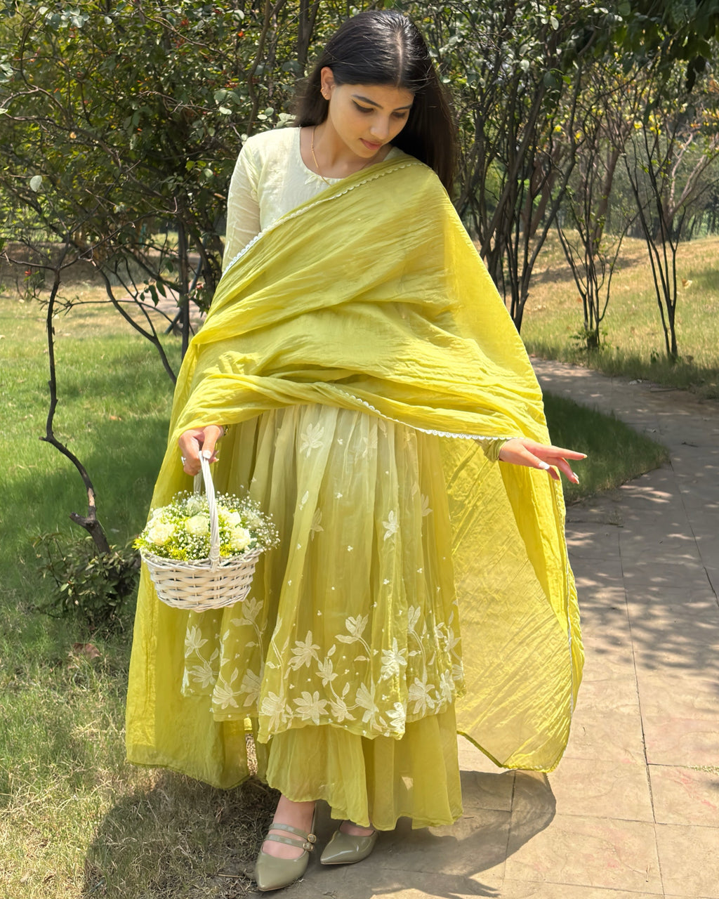 Pastel Lime Green Embroidery Anarkali Suit Set