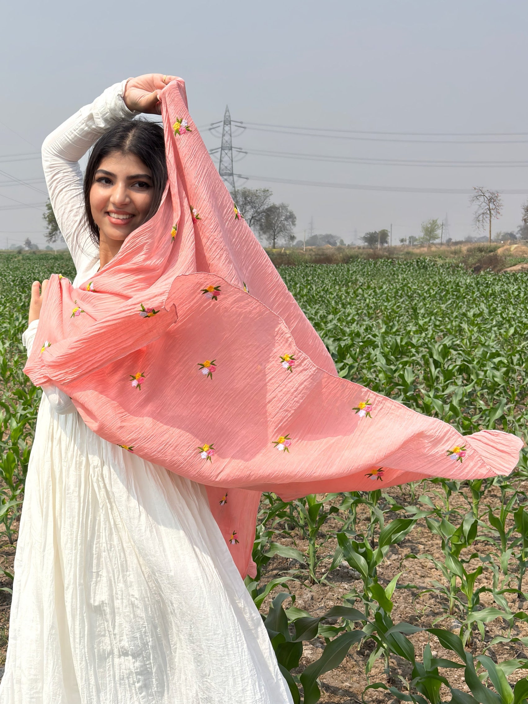 Pure White Anarkali Suit With Peach Pink Dupatta