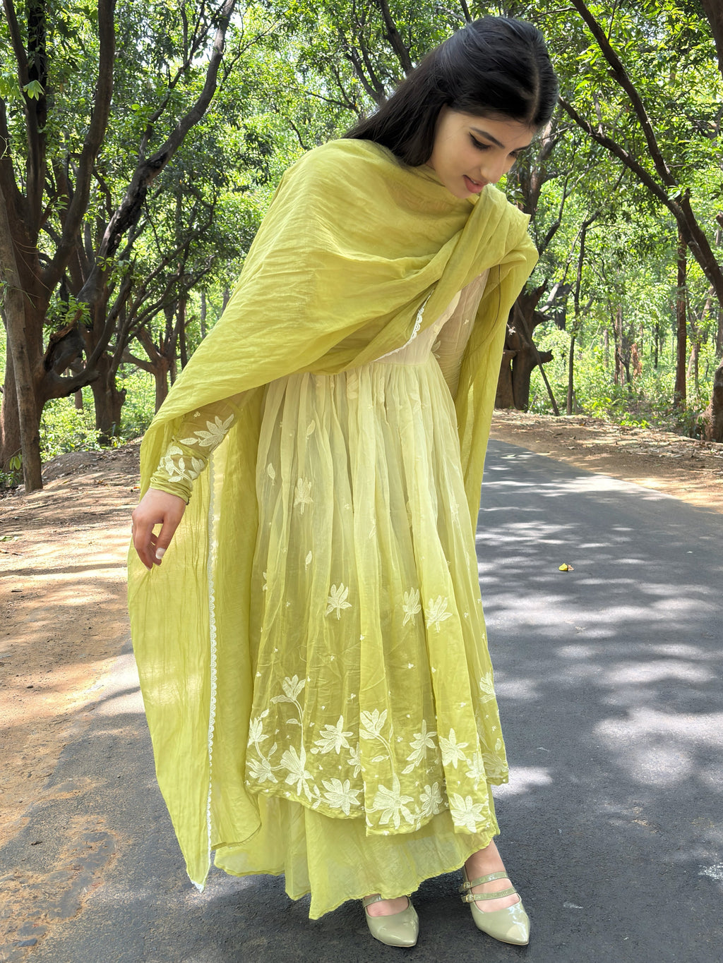 Pastel Lime Green Embroidery Anarkali Suit Set