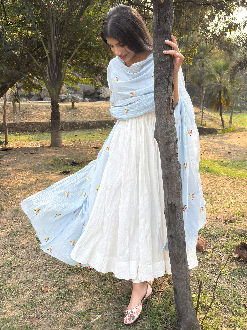 Pure White Anarkali Suit Set With Baby Blue Dupatta