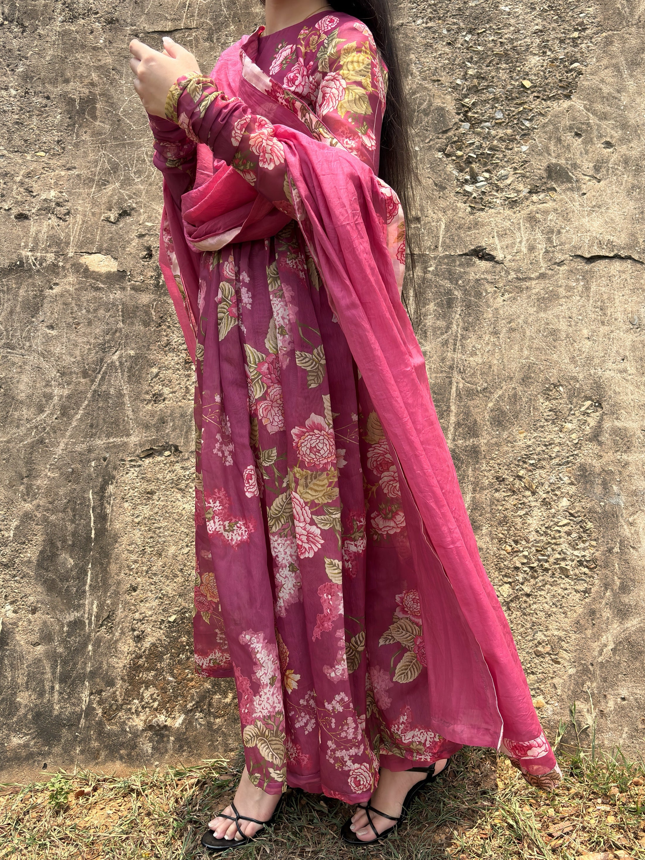 Rose Berry Pink Floral Anarkali Suit Set