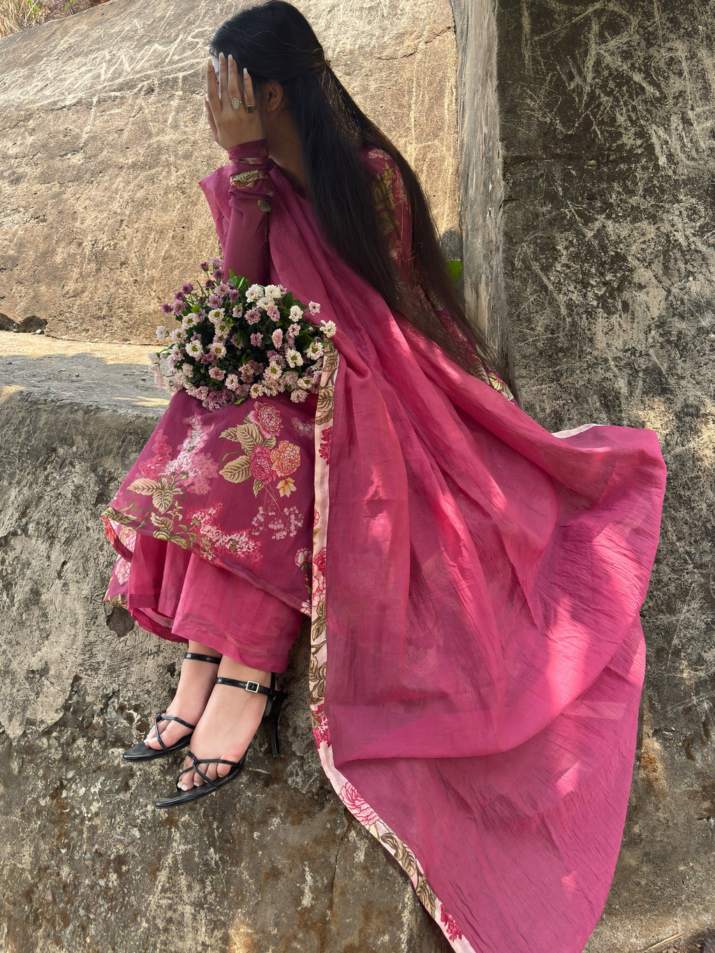 Rose Berry Pink Floral Anarkali Suit Set