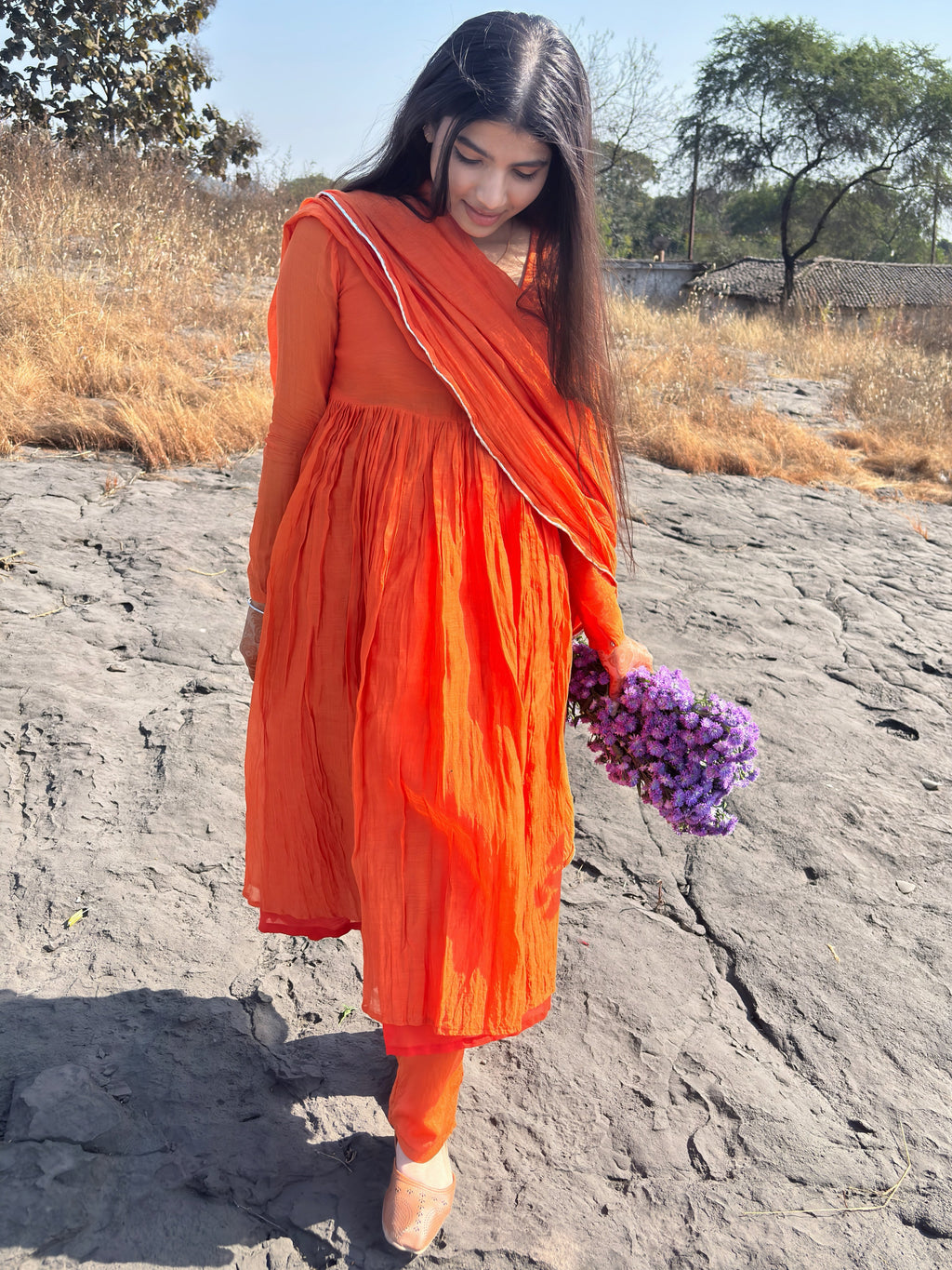 Sunset Orange Anarkali Suit Set