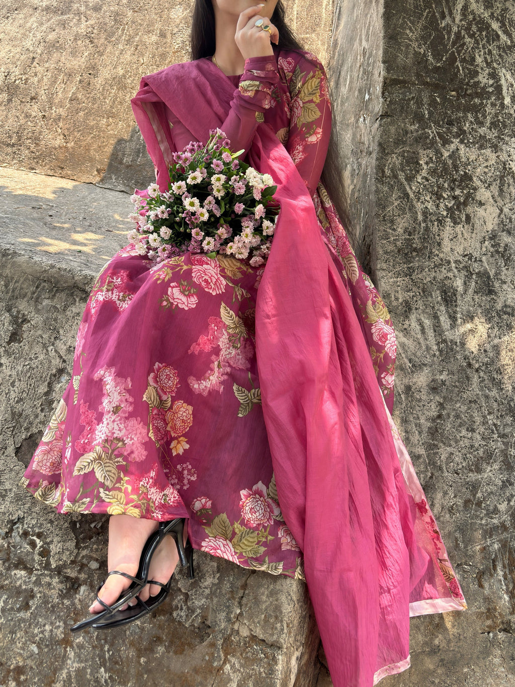 Rose Berry Pink Floral Anarkali Suit Set