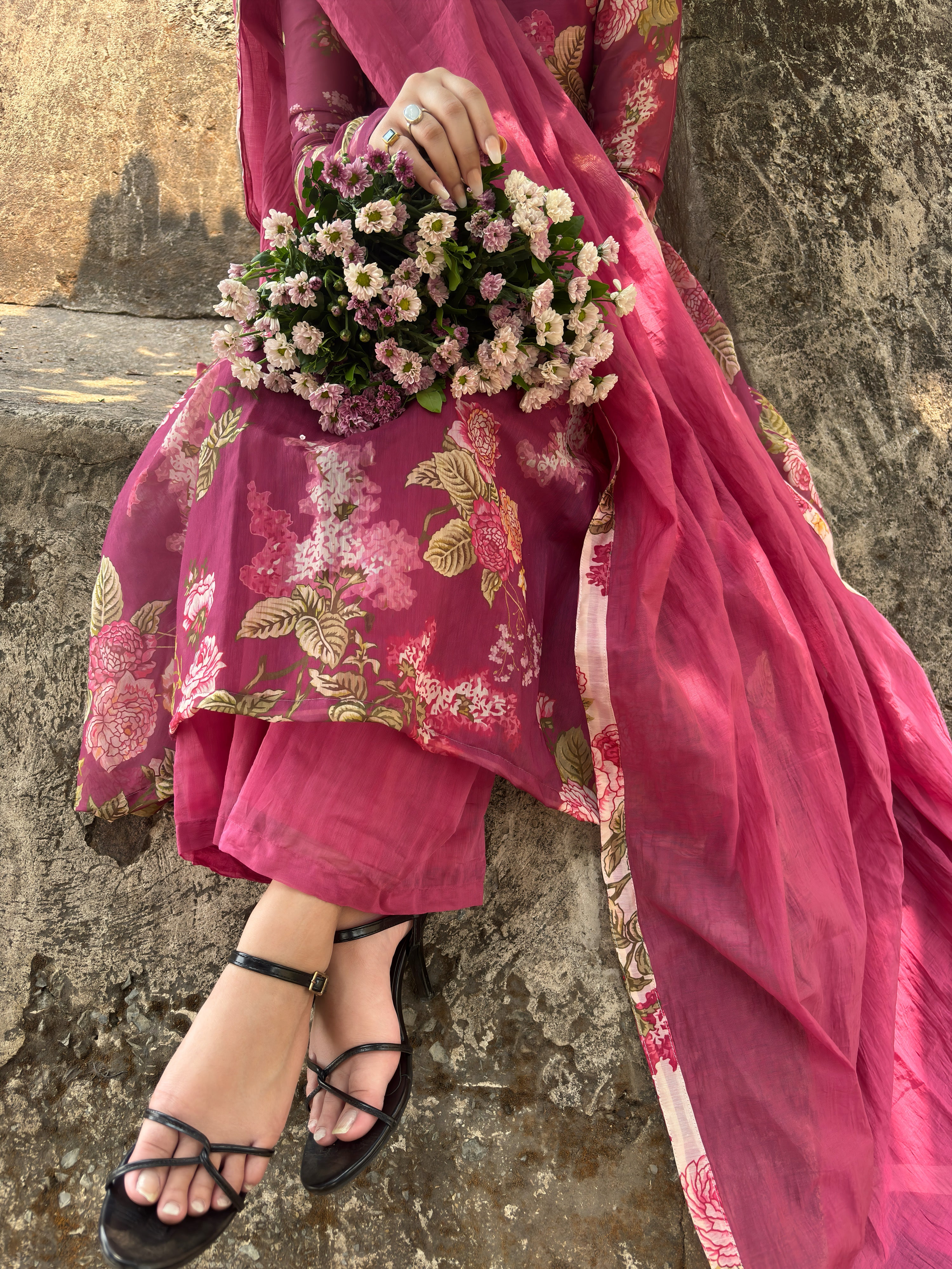 Rose Berry Pink Floral Anarkali Suit Set