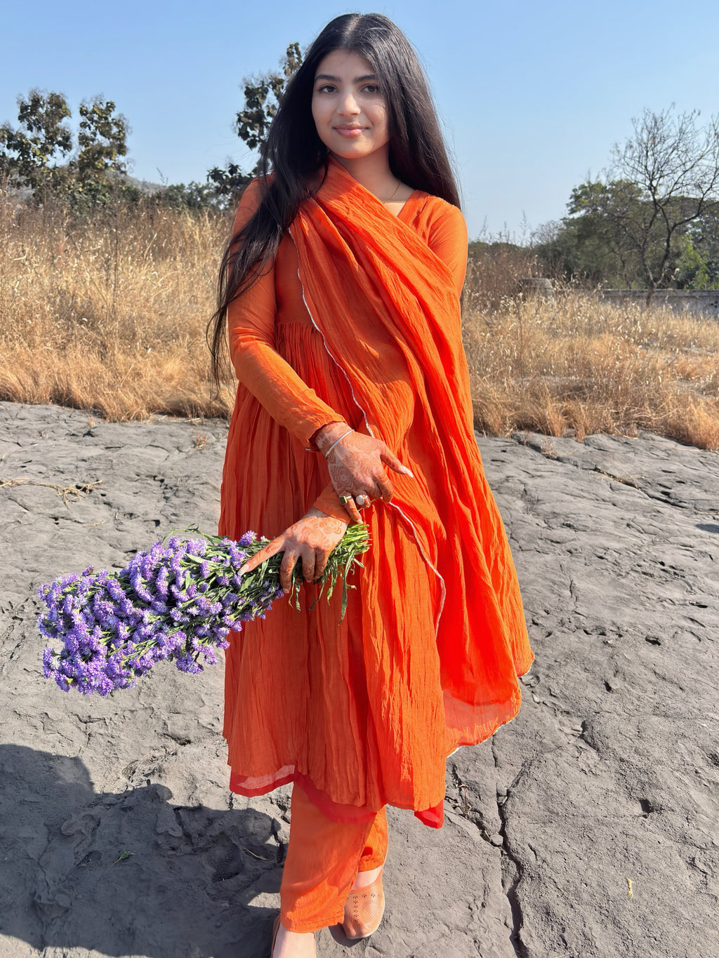 Sunset Orange Anarkali Suit Set
