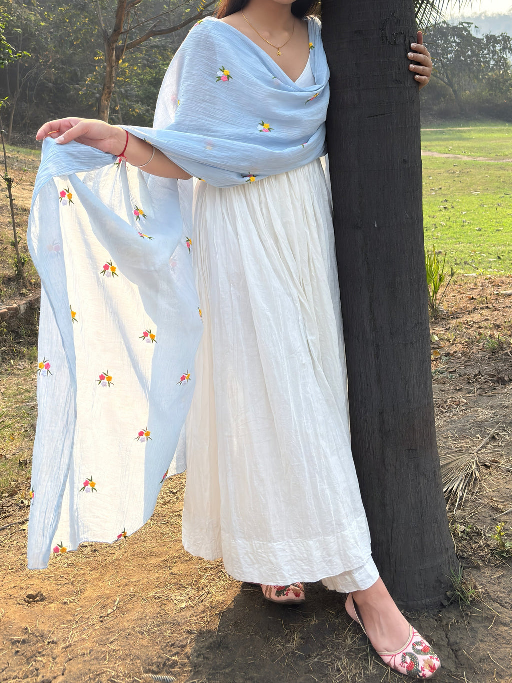 Pure White Anarkali Suit Set With Baby Blue Dupatta