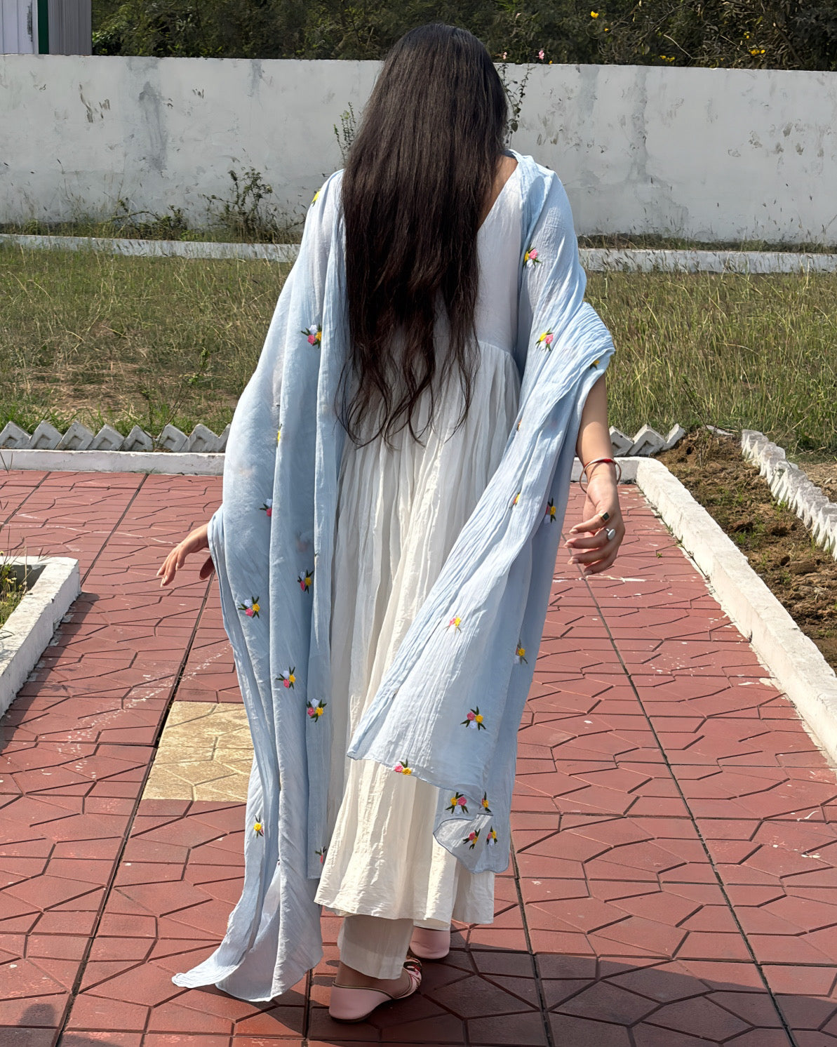 Pure White Anarkali Suit Set With Baby Blue Dupatta